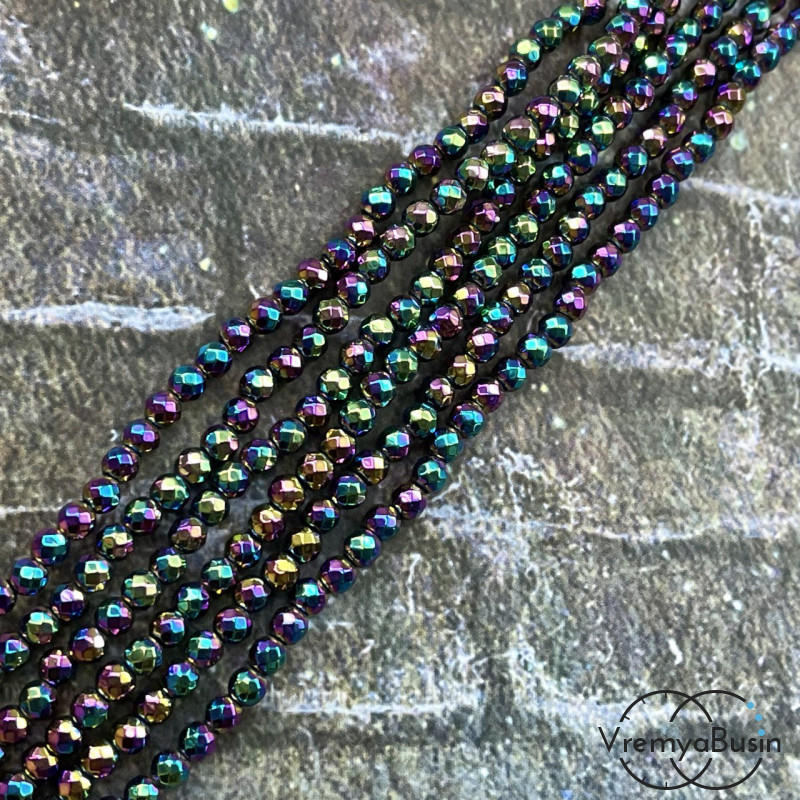 Гематит, шарик граненый 4 мм, цв. бензиновый (нить, ок. 95 шт.)