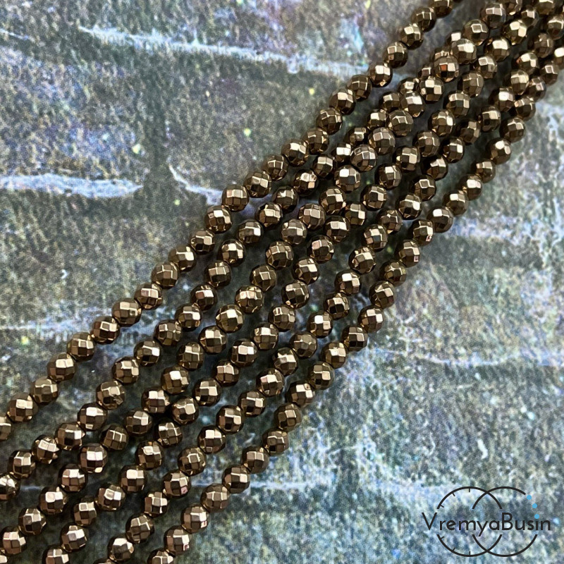 Гематит, шарик граненый 4 мм, цв. медный (нить, ок. 95 шт.)