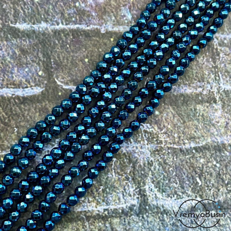 Гематит, шарик граненый 4 мм, цв. синий (нить, ок. 95 шт.)