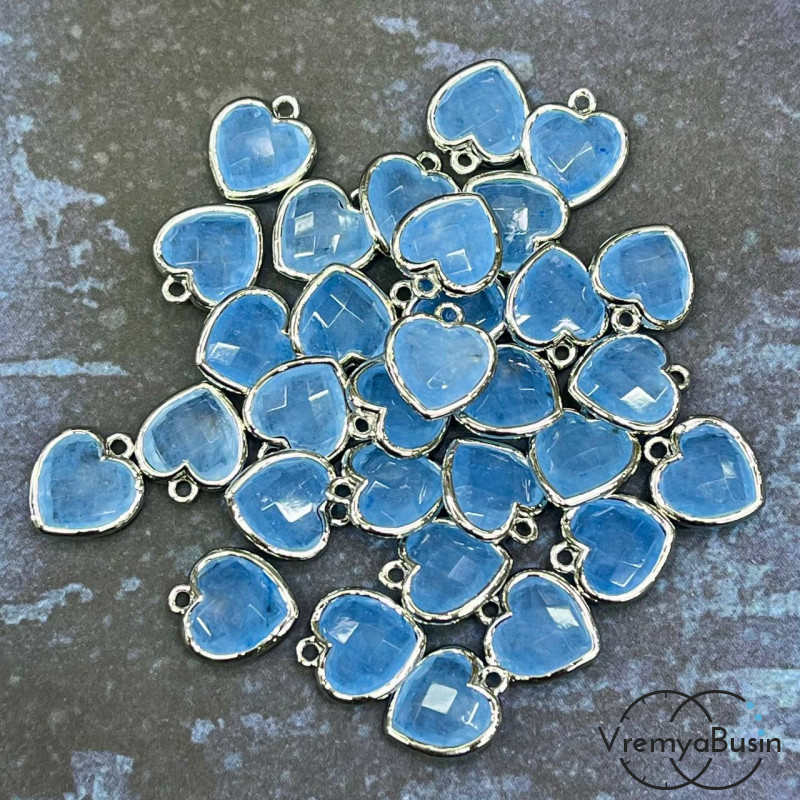 Кварц тонир. под аквамарин.   Подвеска сердце 13 мм в оправе цв. родий (1 шт.)