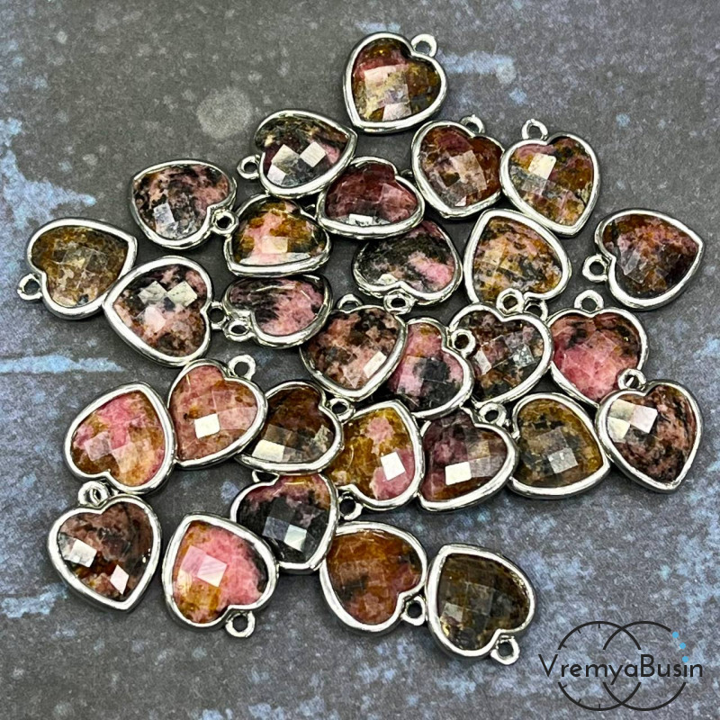 Родонит. Подвеска сердце 13 мм в оправе цв. родий (1 шт.)