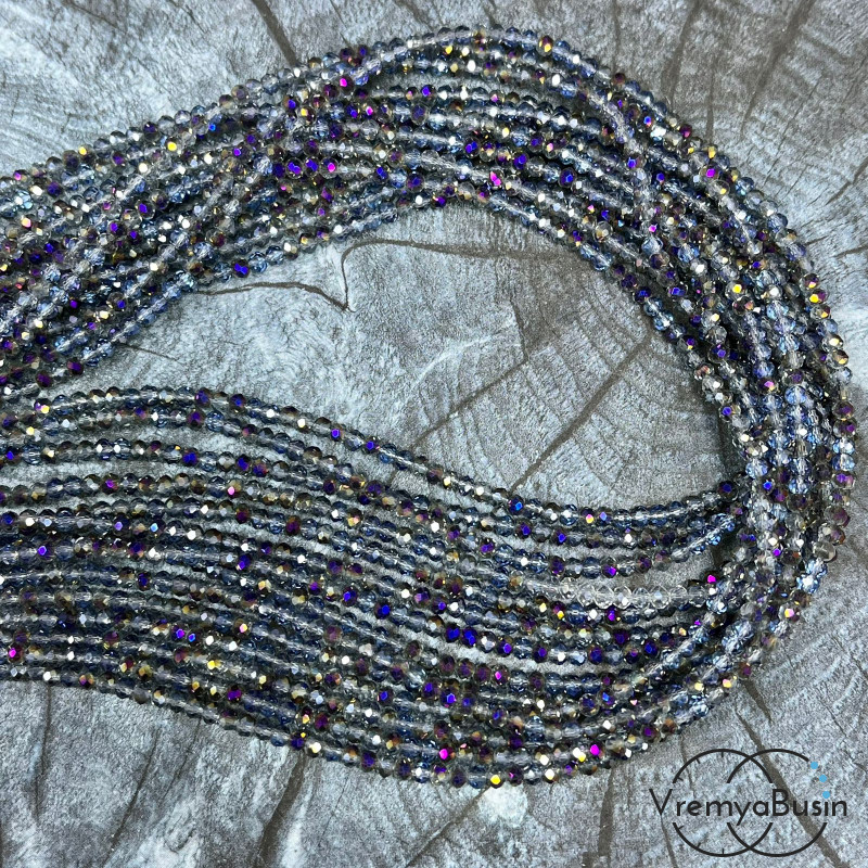Бусина рондель из граненого стекла 2х3 мм (нить 130 шт.) СИНЕ-ФИОЛЕТОВЫЙ ДЫМЧАТЫЙ МЕТАЛЛИК