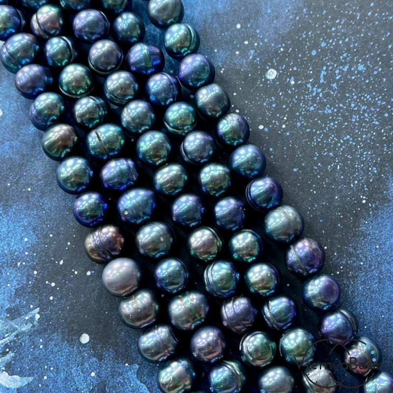 Жемчуг натуральный речной, округлый ок. 10 мм, цв. сине-черный (нить, ок. 38 шт.)