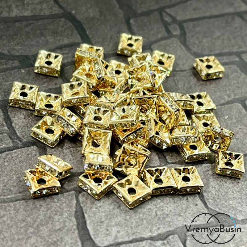 Бусины-разделители квадратные, 6 мм, стекл. стразы цв. кристалл, металл цв. КС золото (1 шт.)