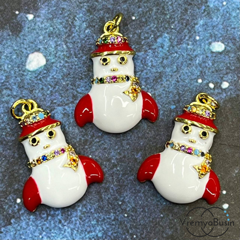 Подвеска "Снеговик", 20х14 мм,  с эмалью и стразами, латунь с позолотой  (1 шт.)