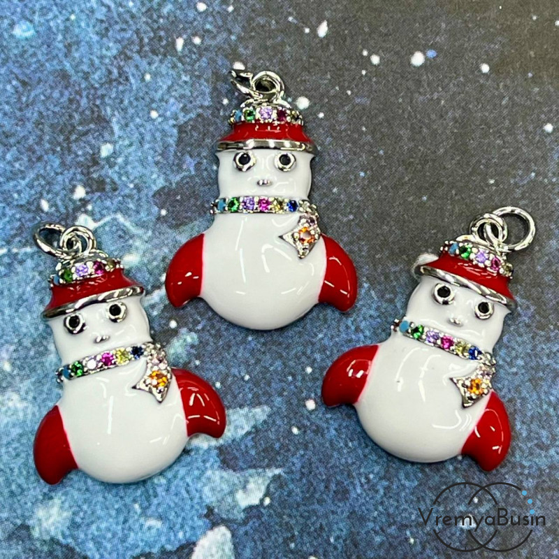 Подвеска "Снеговик", 20х14 мм,  с эмалью и стразами, латунь с родиевым покрытием  (1 шт.)