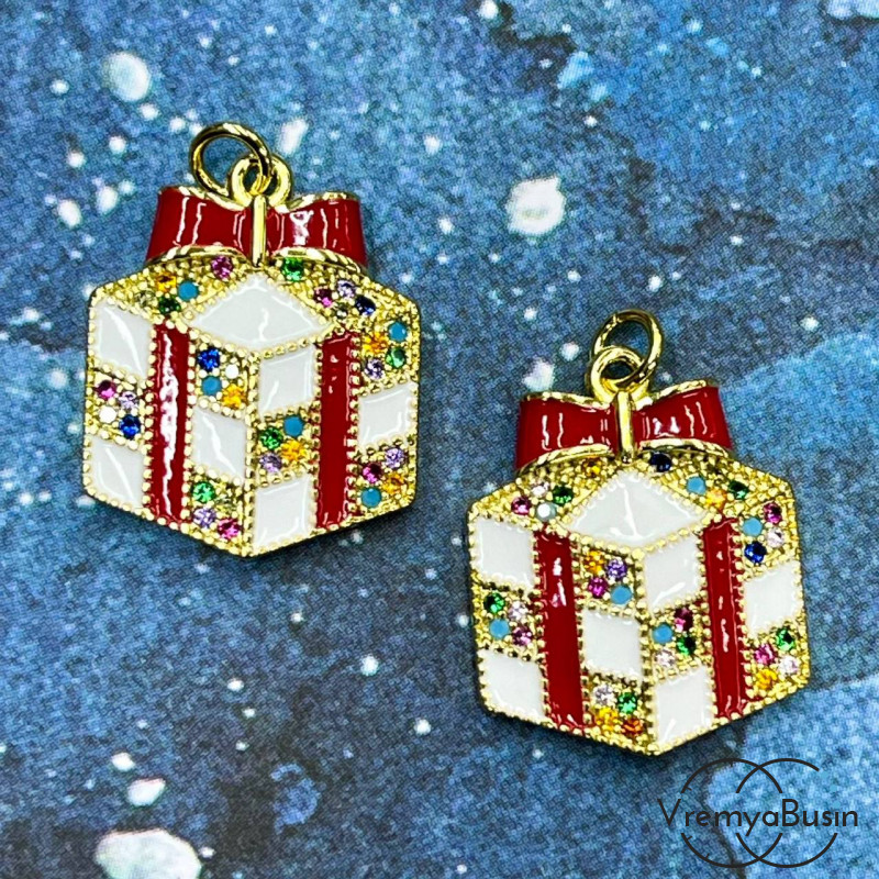 Подвеска "Подарок", 18х15 мм,  с эмалью и стразами, латунь с позолотой  (1 шт.)