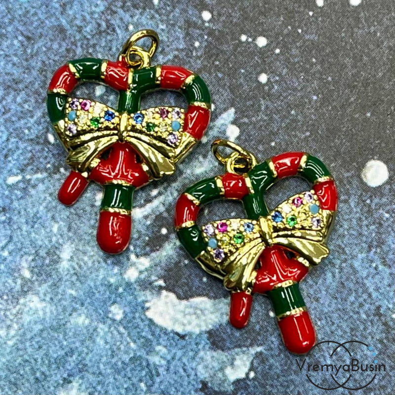 Подвеска "Крендель", 19х15 мм, с эмалью и стразами, латунь с позолотой  (1 шт.)