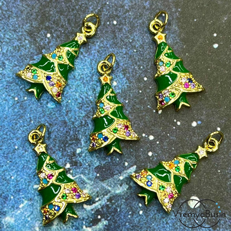 Подвеска "Елка", 20х11 мм,  с эмалью и стразами, латунь с позолотой  (1 шт.)