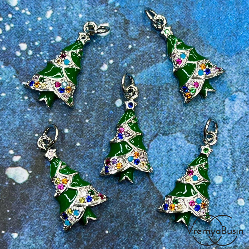 Подвеска "Елка", 20х11 мм, с эмалью и стразами, латунь с родиевым покрытием  (1 шт.)