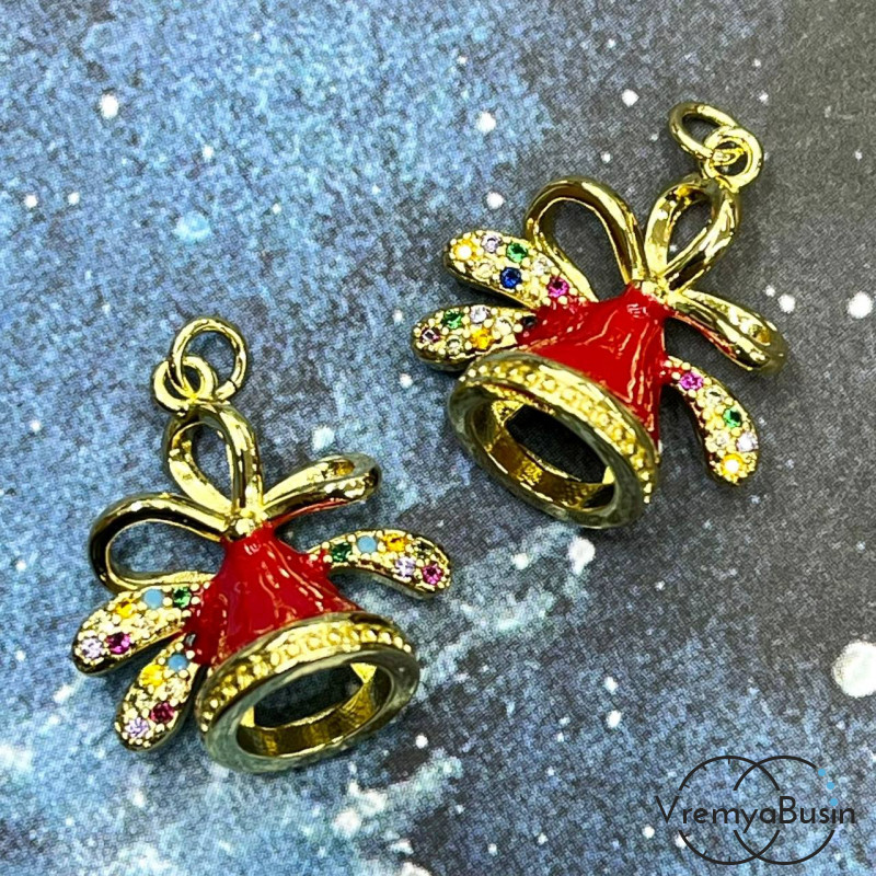 Подвеска "Колокольчик", 18х17 мм,  с эмалью и стразами, латунь с позолотой  (1 шт.)