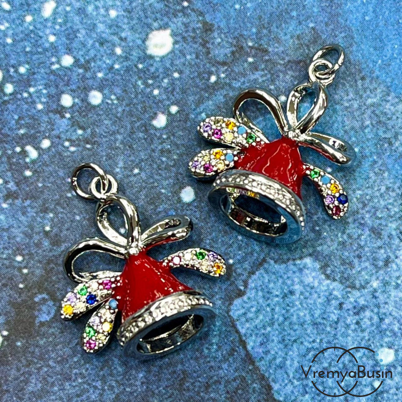 Подвеска "Колокольчик", 18х17 мм,  с эмалью и стразами, латунь с родиевым покрытием  (1 шт.)