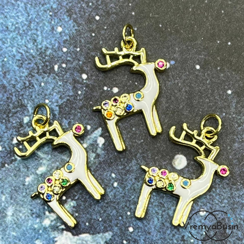 Подвеска "Олень", 18х14 мм,  с эмалью и стразами, латунь с позолотой  (1 шт.)