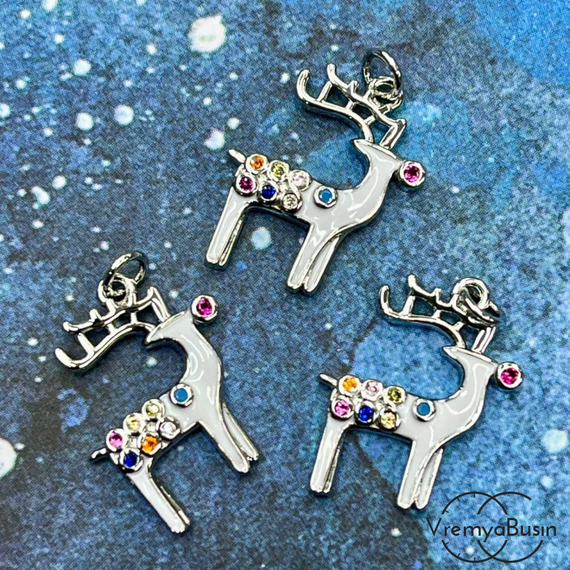 Подвеска "Олень", 18х 14 мм, с эмалью и стразами, латунь с родиевым покрытием  (1 шт.)