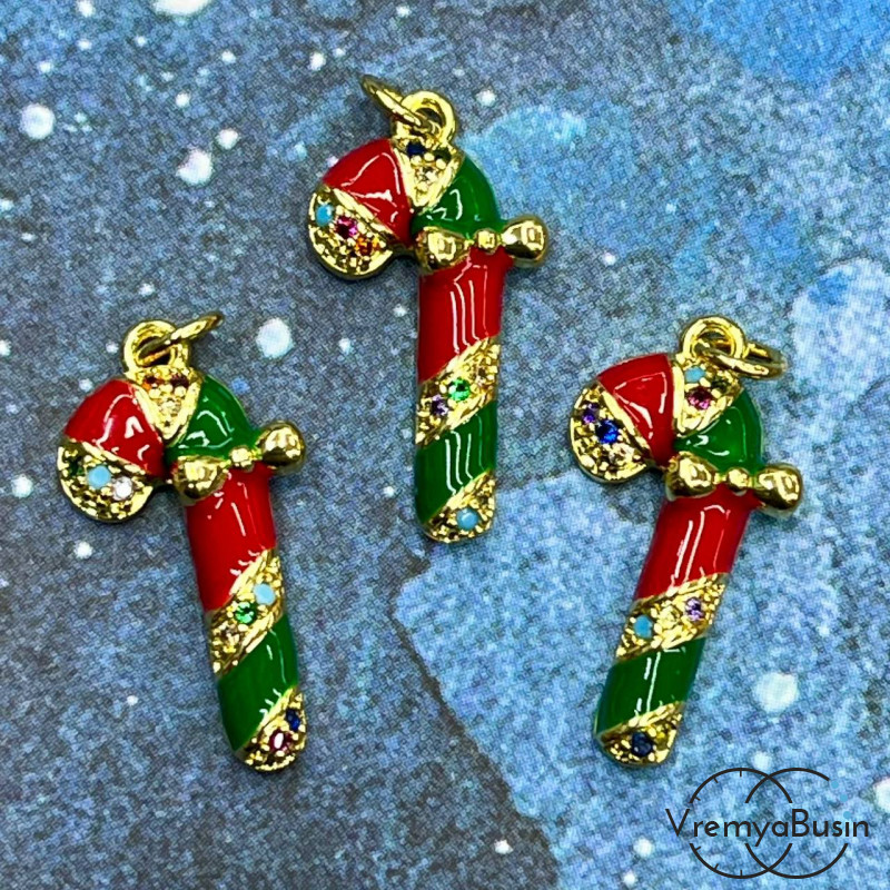 Подвеска "Леденец", 19х10 мм,  с эмалью и стразами, латунь с позолотой  (1 шт.)