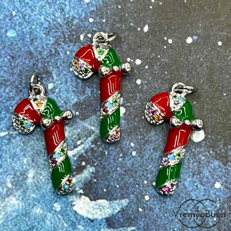 Подвеска "Леденец", 19х10 мм, с эмалью и стразами, латунь с родиевым покрытием  (1 шт.)