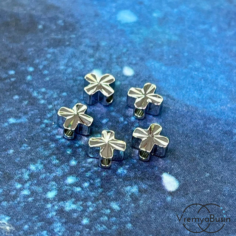 Бусины разделители, крест 6х3 мм, латунь с родиевым покрытием (упак. 5 шт.)