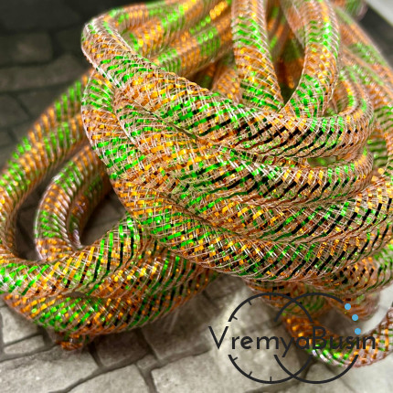 Полый шнур из нейлоновой сетки, 8 мм, цв.  оранжево-зеленый с цветной полоской (1 м.)