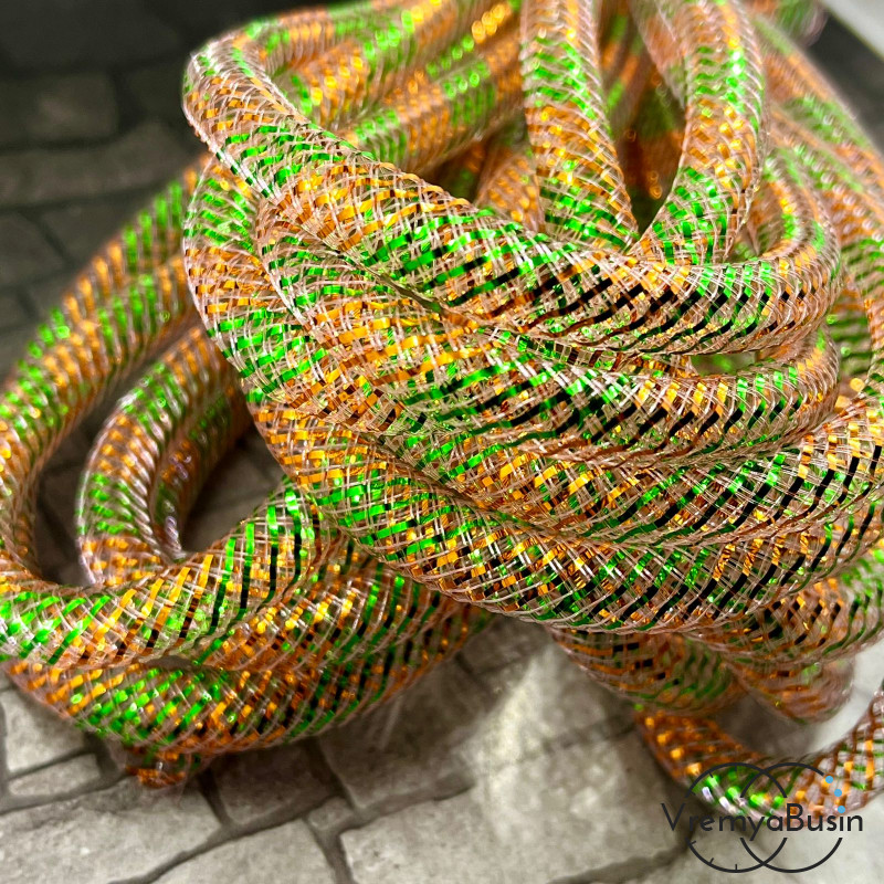 Полый шнур из нейлоновой сетки, 8 мм, цв.  оранжево-зеленый с цветной полоской (1 м.)