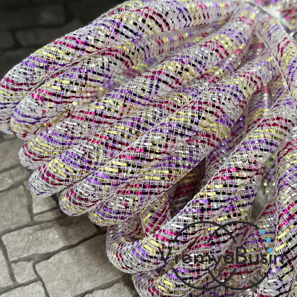 Полый шнур из нейлоновой сетки, 8 мм, цв.  малиново-фиолетовый с цветной полоской (1 м.)