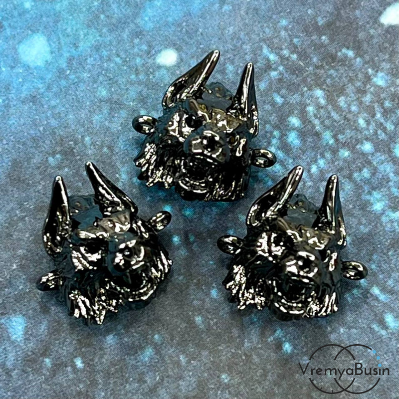 Коннектор с фианитами «Волк», 15х15х14 мм, латунь с черным родиевым покрытием (1 шт.)