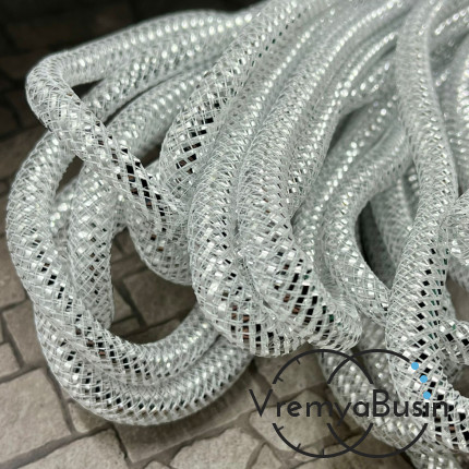 Полый шнур из нейлоновой сетки, 8 мм, цв. белый с цветной полоской (1 м.)