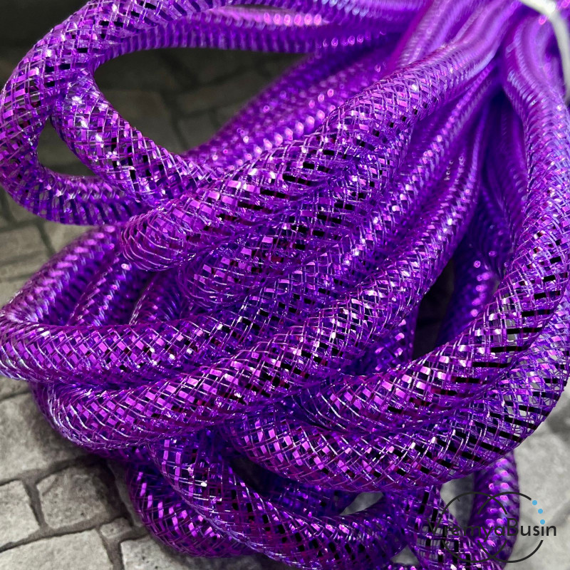 Полый шнур из нейлоновой сетки, 8 мм, цв. фиолетовый с цветной полоской (1 м.)