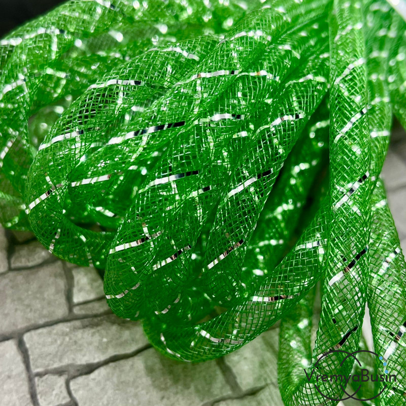 Полый шнур из нейлоновой сетки, 8 мм, цв.  зеленый с серебряной полоской (1 м.)
