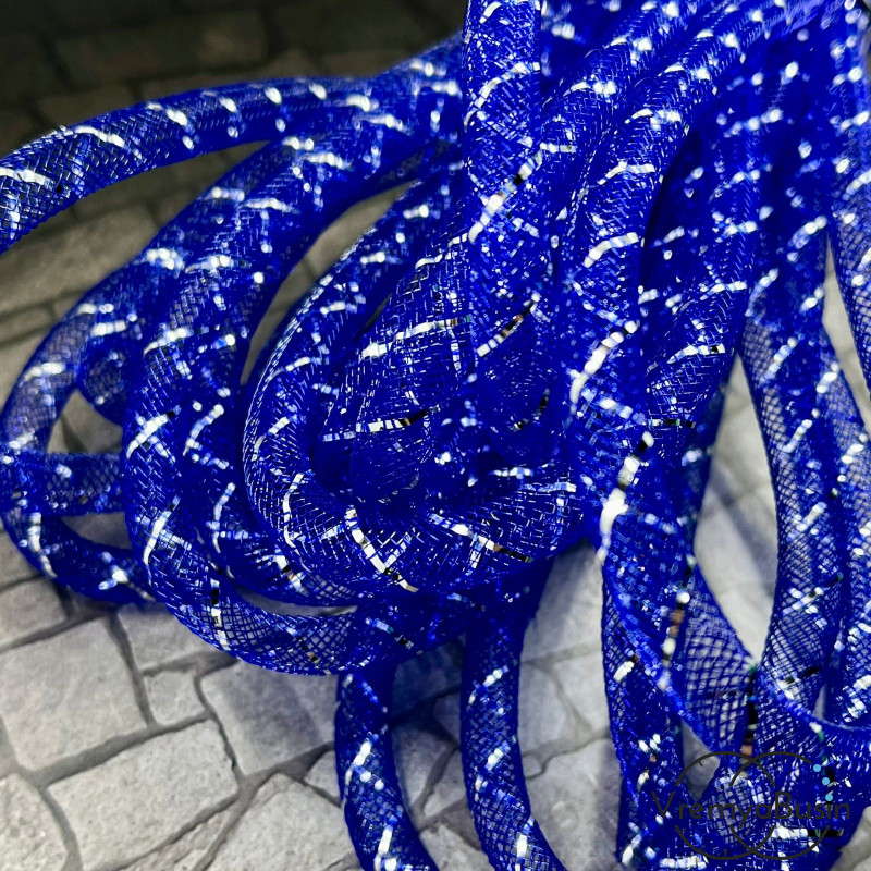 Полый шнур из нейлоновой сетки, 8 мм, цв.  синий с серебряной полоской (1 м.)