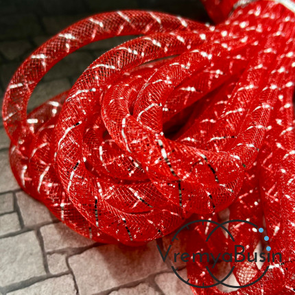 Полый шнур из нейлоновой сетки, 8 мм, цв.  красный с серебряной полоской (1 м.)