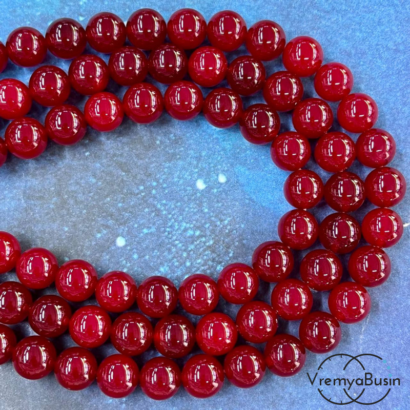 Халцедон тонир, шарик гладкий 10 мм, цв. красный (1/2 нити,  ок.19 шт.)