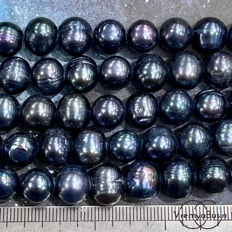 Жемчуг натуральный речной, округлый ок. 11х10 мм, цв. черно-фиолетовый (нить, ок.  35 см.)
