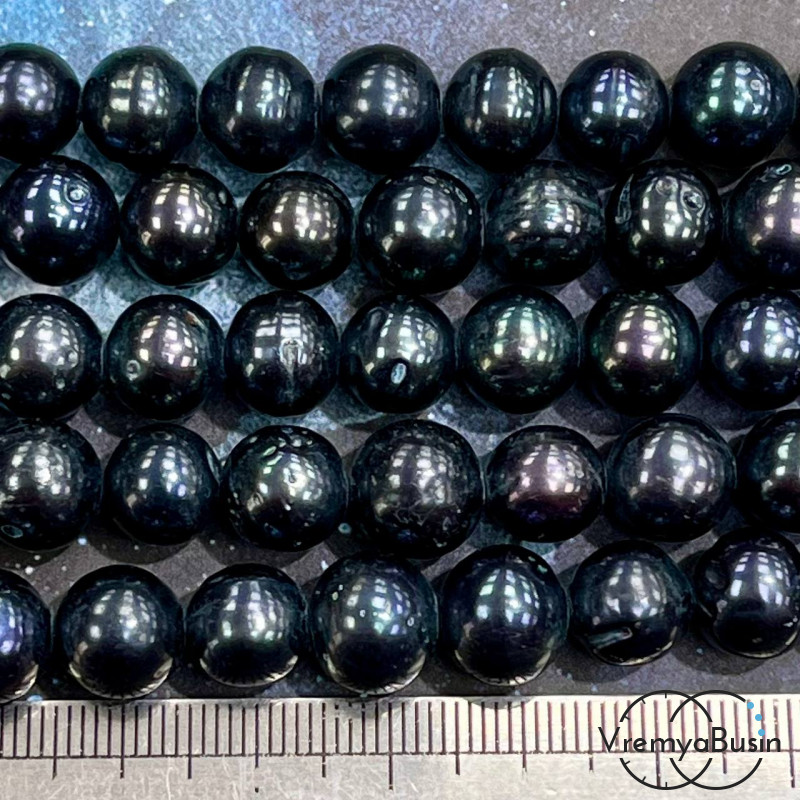 Жемчуг натуральный речной, округлый ок. 10 мм, цв. черно-фиолетовый (нить, ок.  35 см.)