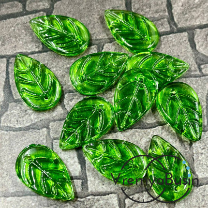 Листик, бусина из стекла,  11х18    мм, цв. зеленый (1 шт.)