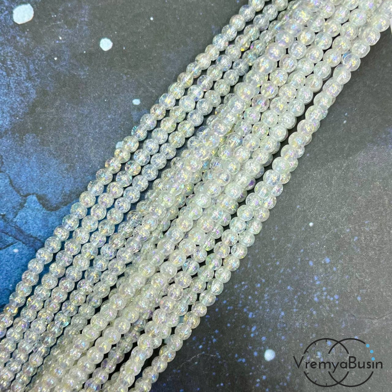Ледяной кварц кракле белый с АБ переливом, гладкий шарик 4 мм (нить, ок. 90 шт.)