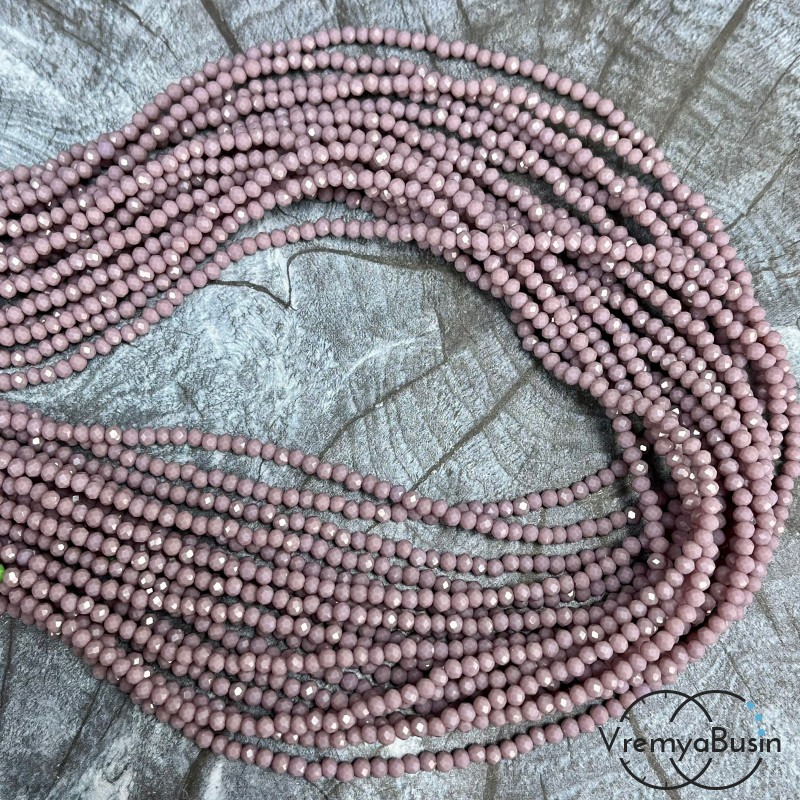Бусина рондель из граненого стекла 2х3 мм (нить 130 шт.) ПЫЛЬНО-РОЗОВЫЙ МАТОВЫЙ 