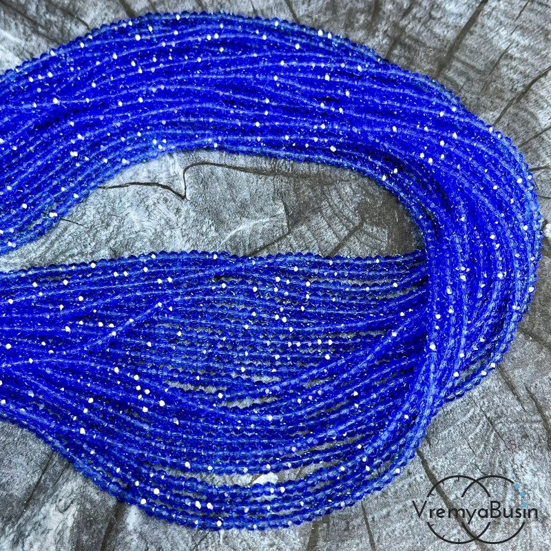 Бусина рондель из граненого стекла 2х3 мм (нить 130 шт.) СИНИЙ