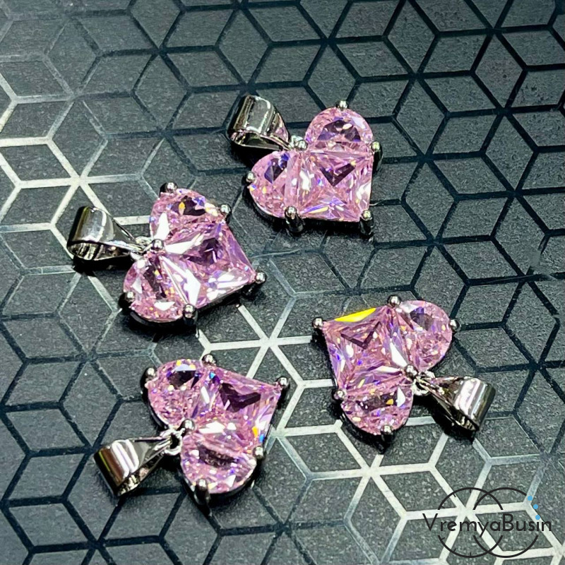 Подвеска с фианитами, сердце 12 мм, латунь с родиевым покрытием  (1 шт.)