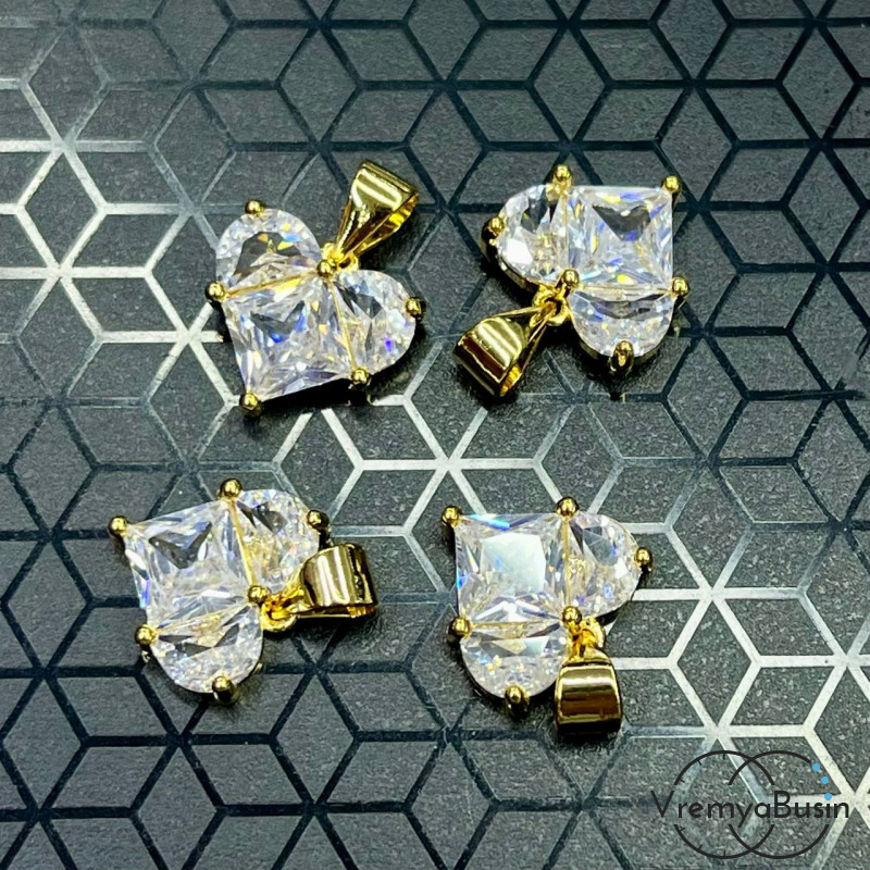 Подвеска с фианитами, сердце 12 мм, латунь с позолотой  (1 шт.)