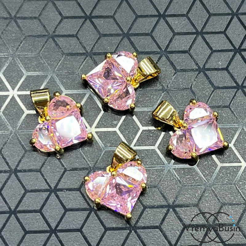 Подвеска с фианитами, сердце 12 мм, латунь с позолотой  (1 шт.)