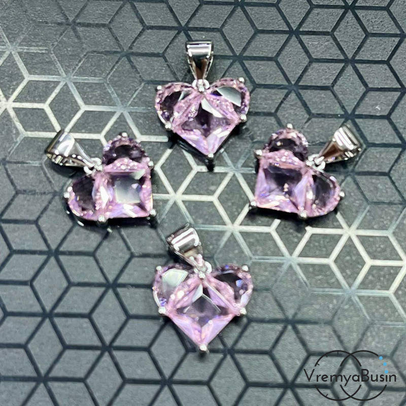 Подвеска с фианитами, сердце 12 мм, латунь с родиевым покрытием  (1 шт.)