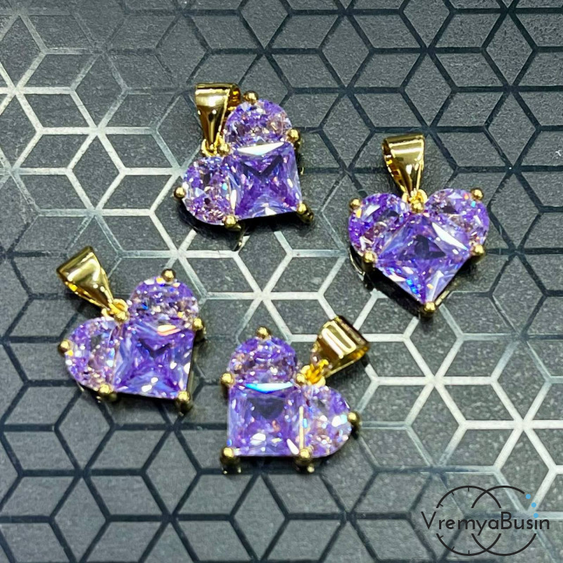 Подвеска с фианитами, сердце 12 мм, латунь с позолотой  (1 шт.)