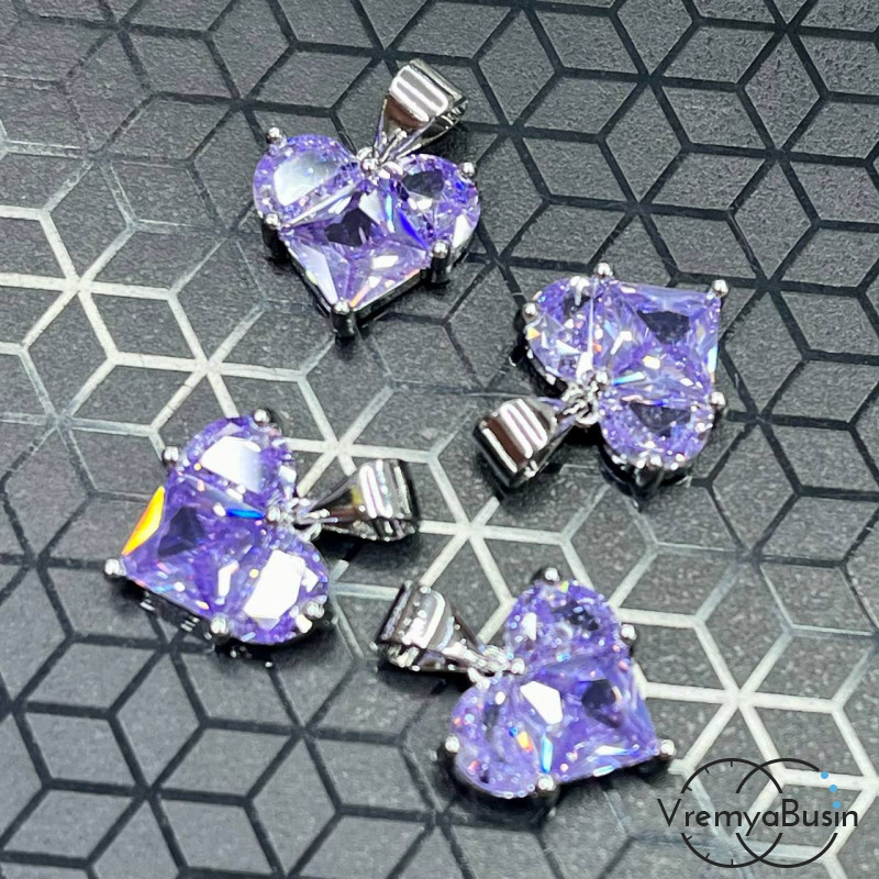 Подвеска с фианитами, сердце 12 мм, латунь с родиевым покрытием  (1 шт.)