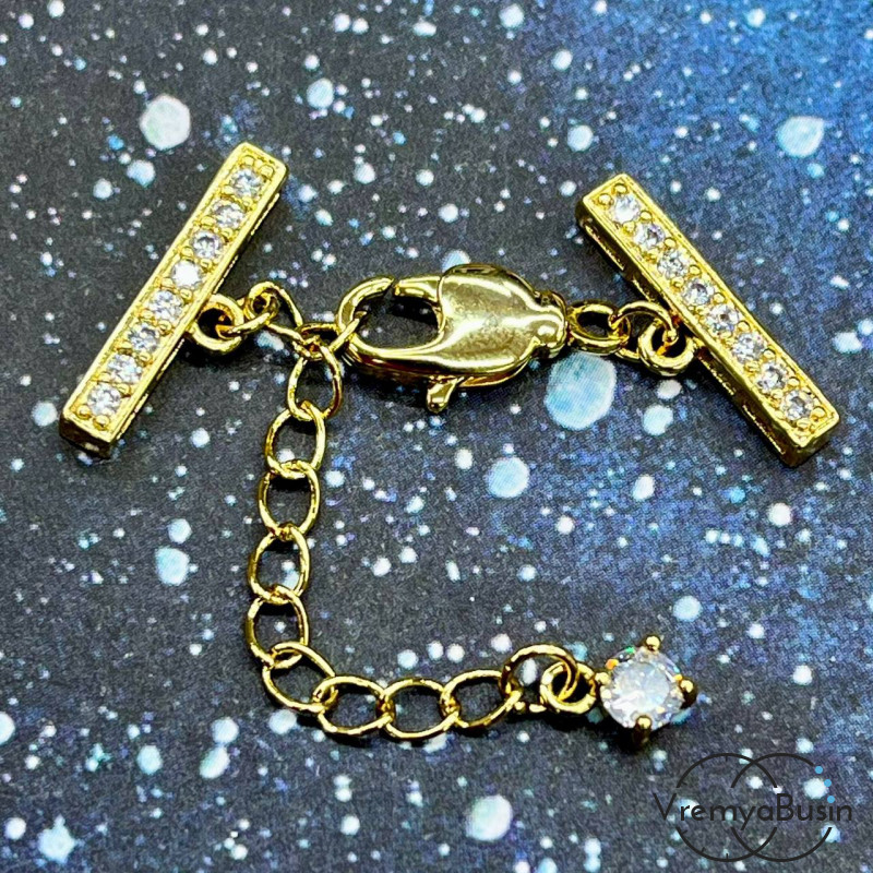 Замок для украшений на 3 нити, 17х3 мм, латунь с позолотой и фианитами (1 шт.)