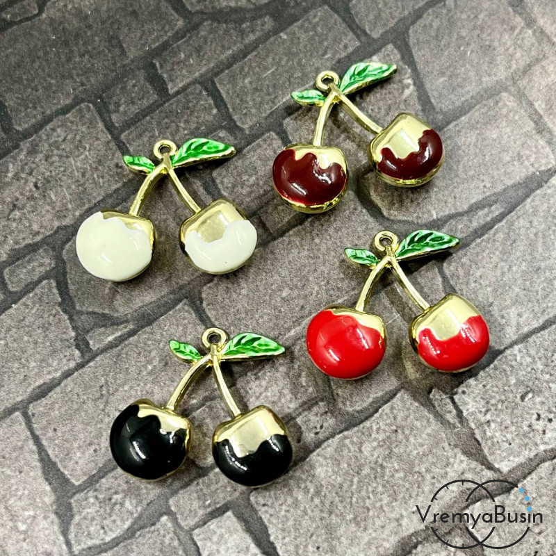 Подвеска из цинкового сплава с эмалью "Вишенки", 21х23 мм, цв. золото (1 шт.) 
