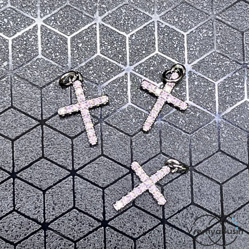 Подвеска "Крестик", 10х14 мм, из латуни с родиевым покрытием и фианитами, цв. розовый   (1 шт.)