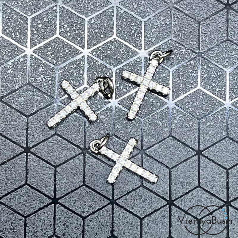 Подвеска "Крестик", 10х14 мм, из латуни с родиевым покрытием и фианитами  (1 шт.)