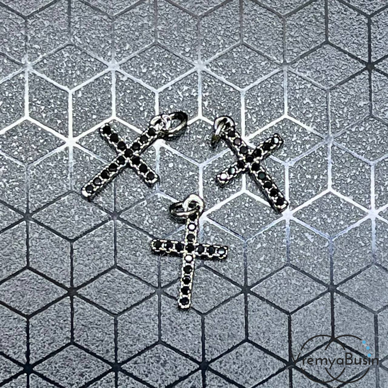 Подвеска "Крестик", 10х14 мм, из латуни с родиевым покрытием и фианитами, цв. черный  (1 шт.)