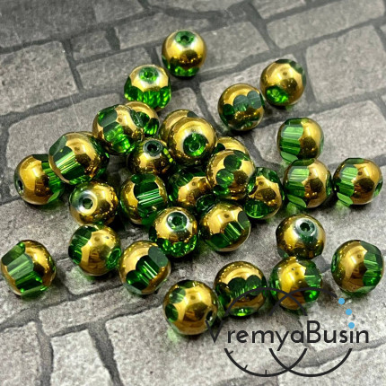 Бусины шарики с напылением, 8 мм, цв. зеленый с золотом (1 шт.)
