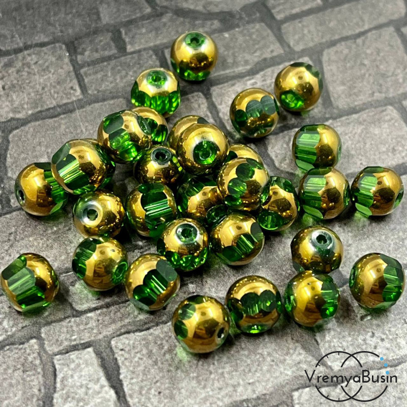 Бусины шарики с напылением, 8 мм, цв. зеленый с золотом (1 шт.)